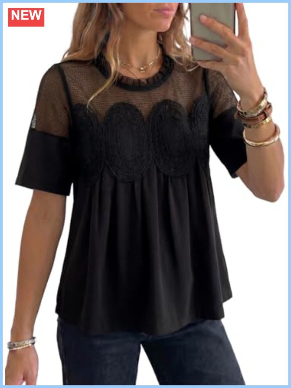 Embroidered Lace Mesh Blouse Flared Short Sleeve Crew Neck Sheer Summer Top